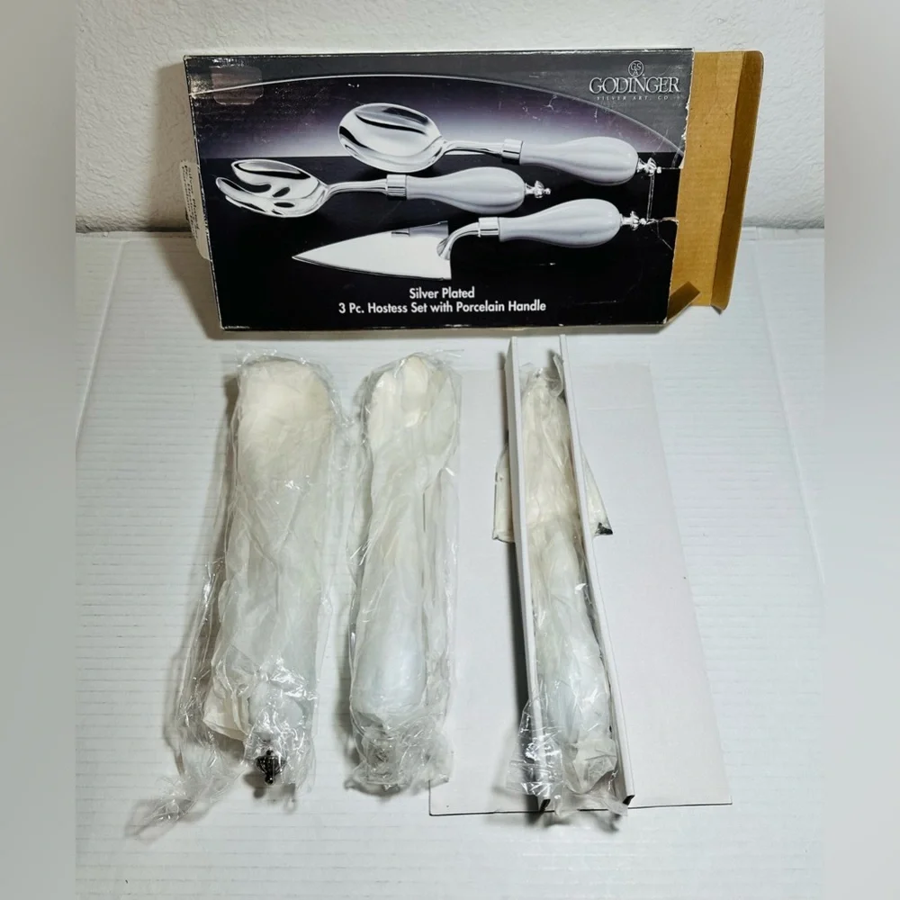 Godinger Art Co. Silver Plated 3 Pc. Hostess Serving Set w/ Porcelain Handle New